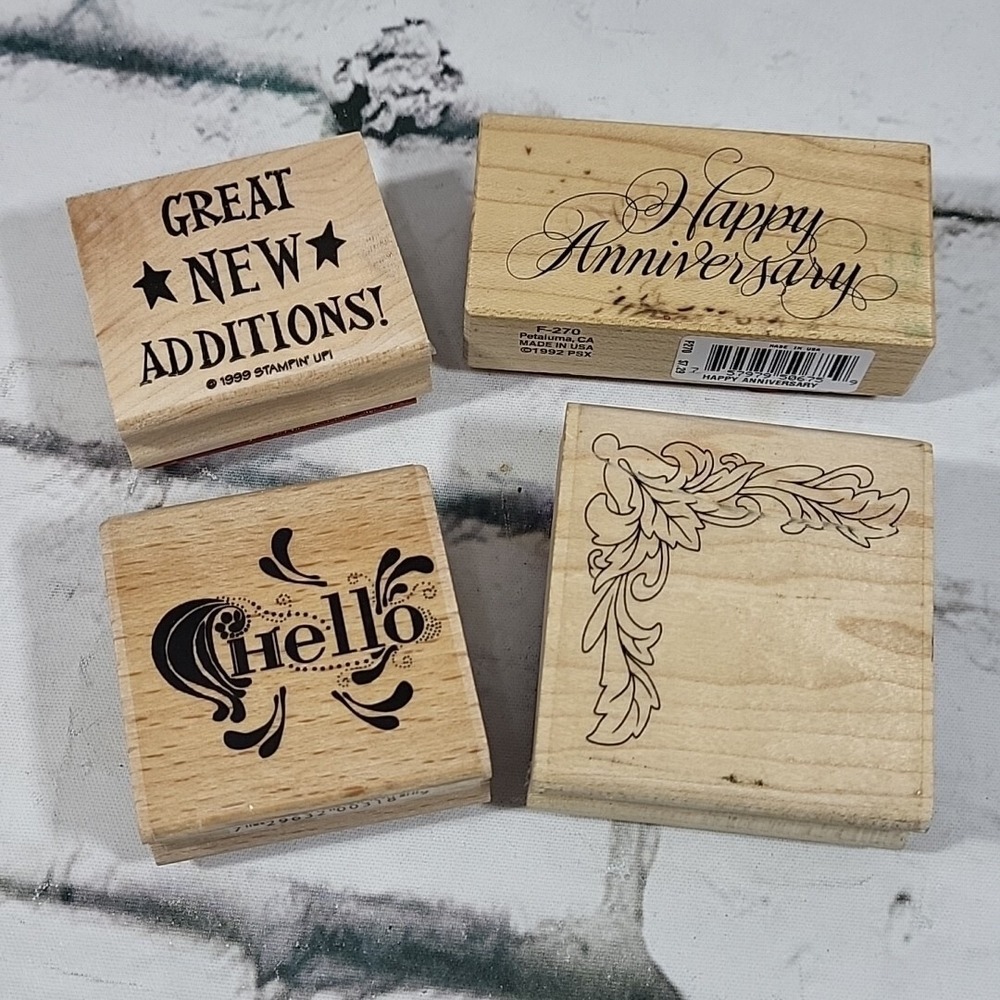Rubber Stamps Lot Of 4 Words Corner Frame Border Hello Happy Anniversary Great